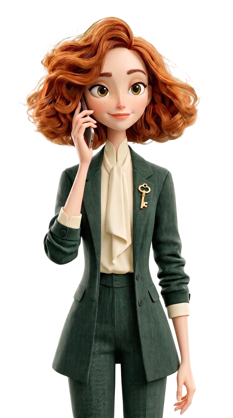 CARA, a woman with red curly hair in a dark green suit with a gold key emblem on the lapel